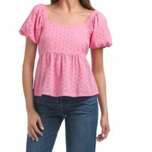 Posh Peanut Pink Eyelet Peplum Puff-Sleeve Top